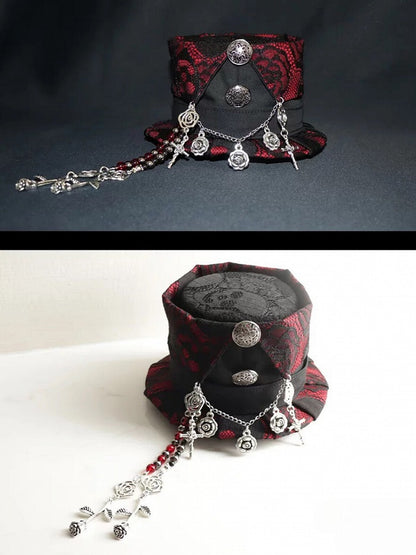 ミニロゼット ブラック/レッド チャーム ビーズハットデザイン