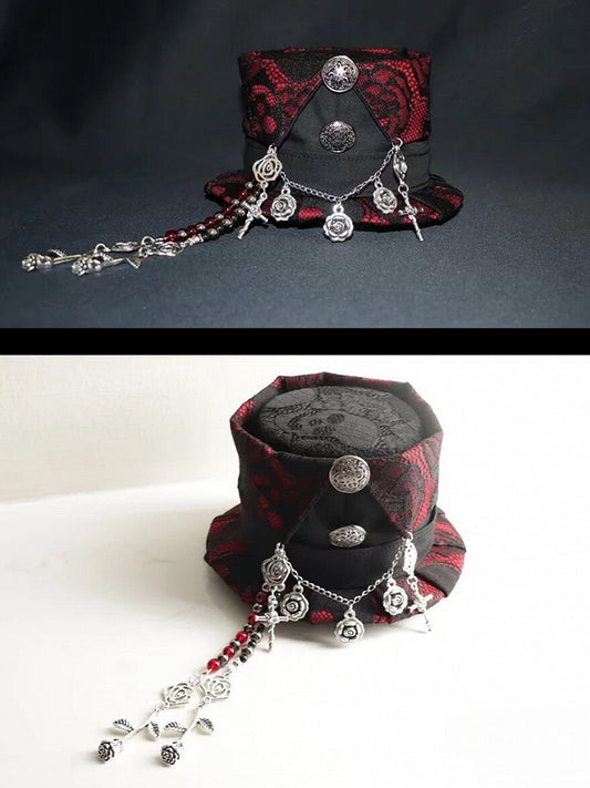 ミニロゼット ブラック/レッド チャーム ビーズハットデザイン