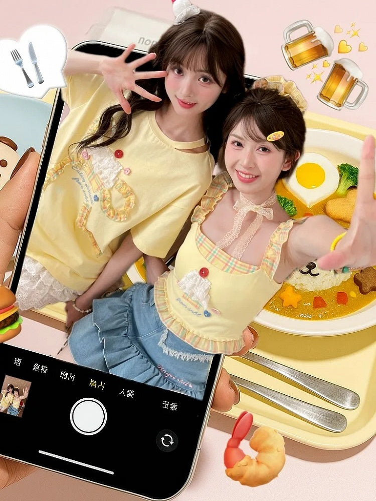 Bowknot Tiered Rüschen Big Cake Gelb Baumwolle T-shirt Design Spitze