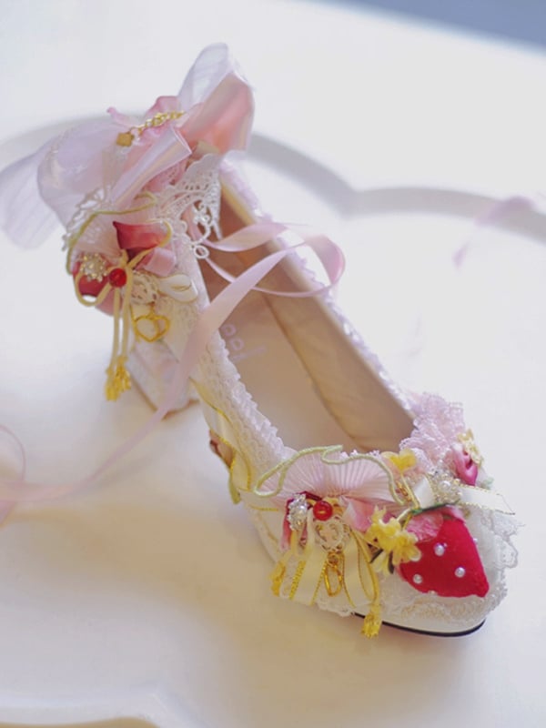 Decorated Heels WhitePink Lace Strawberry Block Lolita Shoes And Beaded 5CM/8.5CM Sweet Trim
