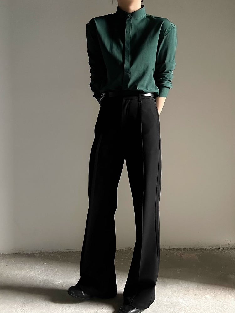 Ouji Lolita Green Unisex Long Sleeve Mandarin Collar Shirt with Button-Down Front