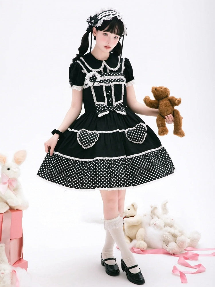 Kleid Schule Polka Alt Schwarz Baumwolle Weiß Punkte Lolita