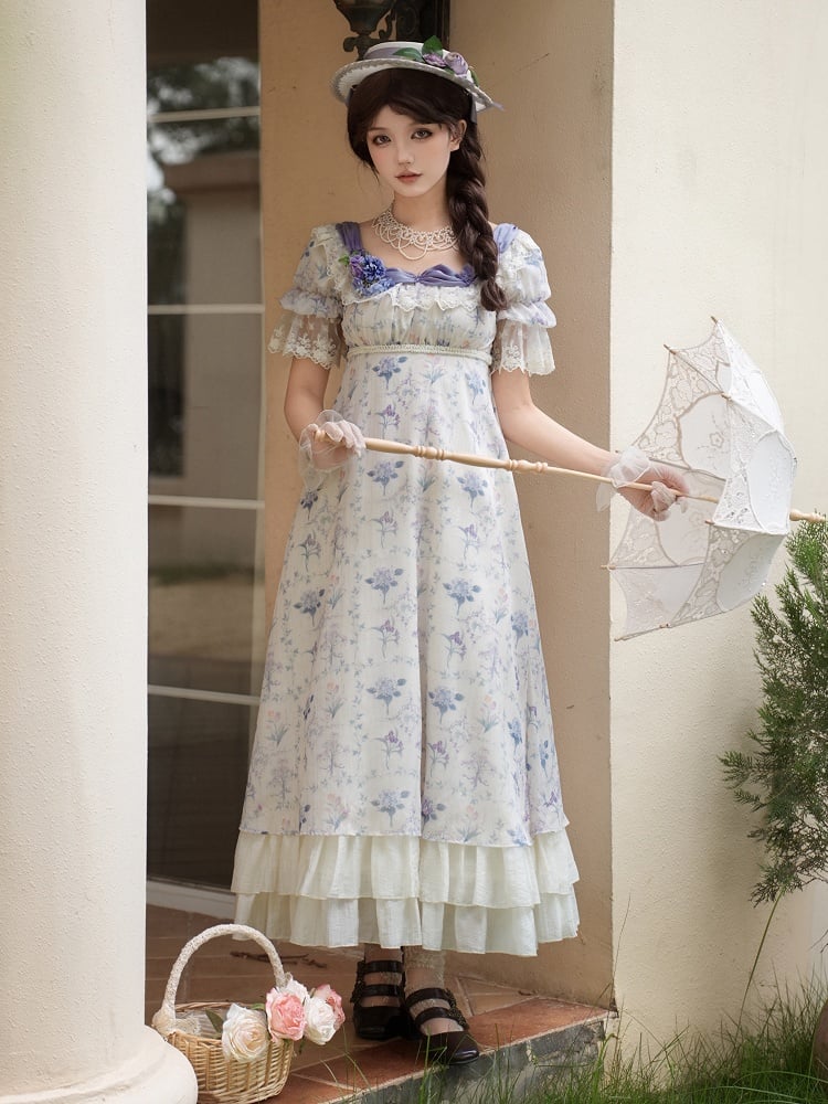 Set Dress Neckline Iris Lolita Floral Elegant Empire Print Square Waist OP Full