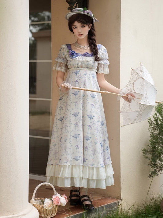 Set Kleid Ausschnitt Iris Lolita Floral Elegant Empire Print Quadratische Taille OP Voll