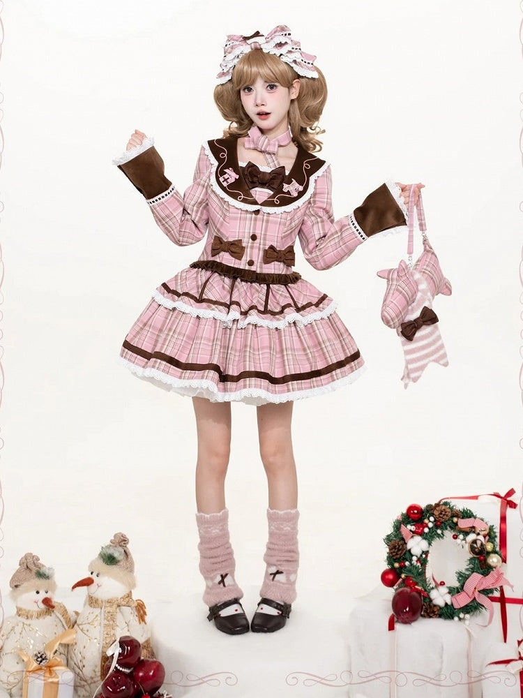 Plaid Pattern Jacket with Embroidery and Bowknot in Red or Pink - iris de nuit