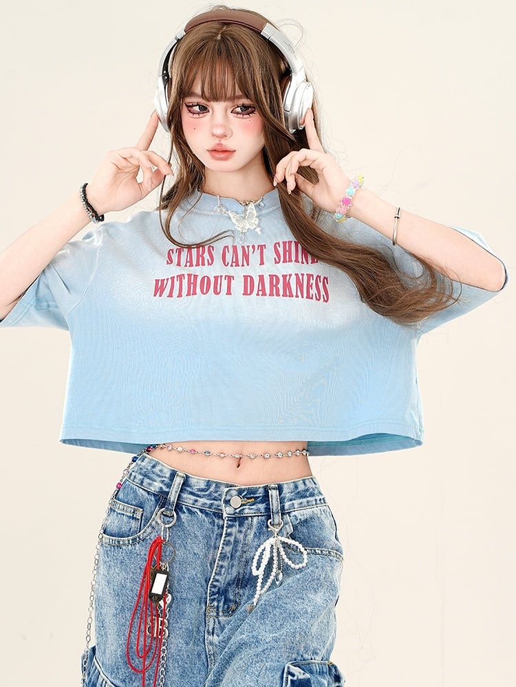 グラデーションカラー ローズピンク/ブルー文字 クロップTシャツ