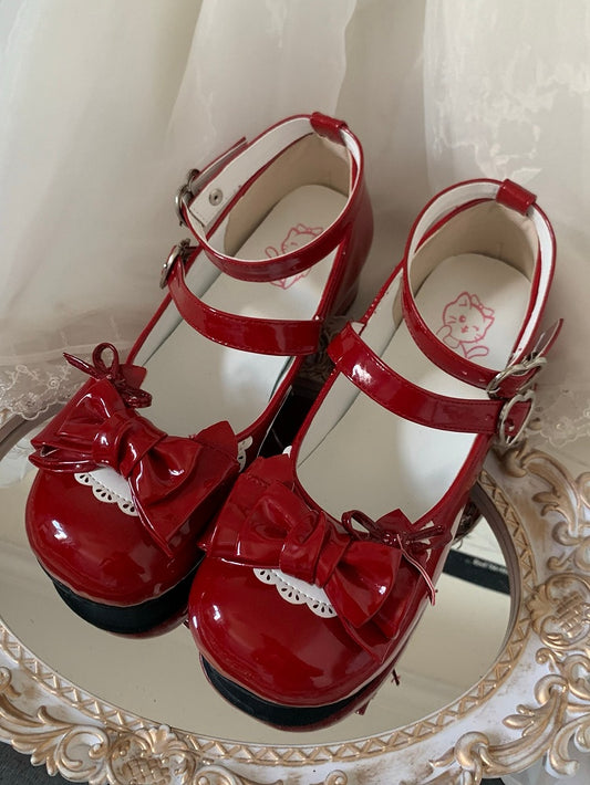 Polished Red Sweet Lolita Ballet Low Heels - Heart Snap with Scalloped Edge & Ankle Ribbon
