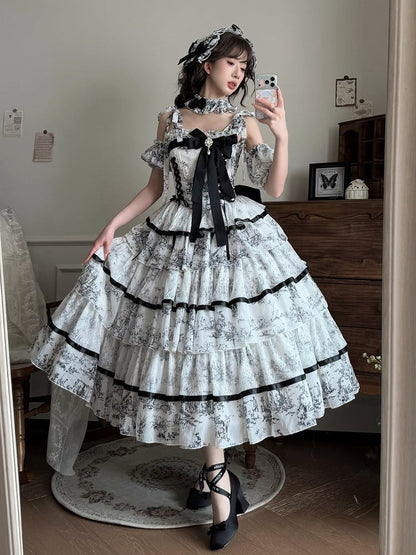 Elegant Hanayome-Style Black & White Porcelain-Inspired 120CM-Length Lolita Princess Dress - Sleepless Star