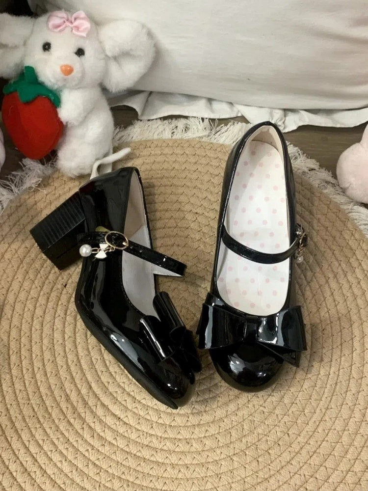 Mary Snap Closure Bow Janes Sweet with Mid-heel Accents Black Lolita