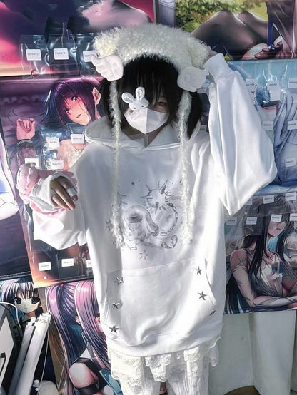 White Casual Rabbit Pattern Hoodie with Star Decoration - NEMU