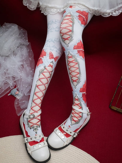 バタフライプリントのクリスクロスバンドタイツとアシンメトリーのピンク/ブルー/ブラック/イエロー/レッド