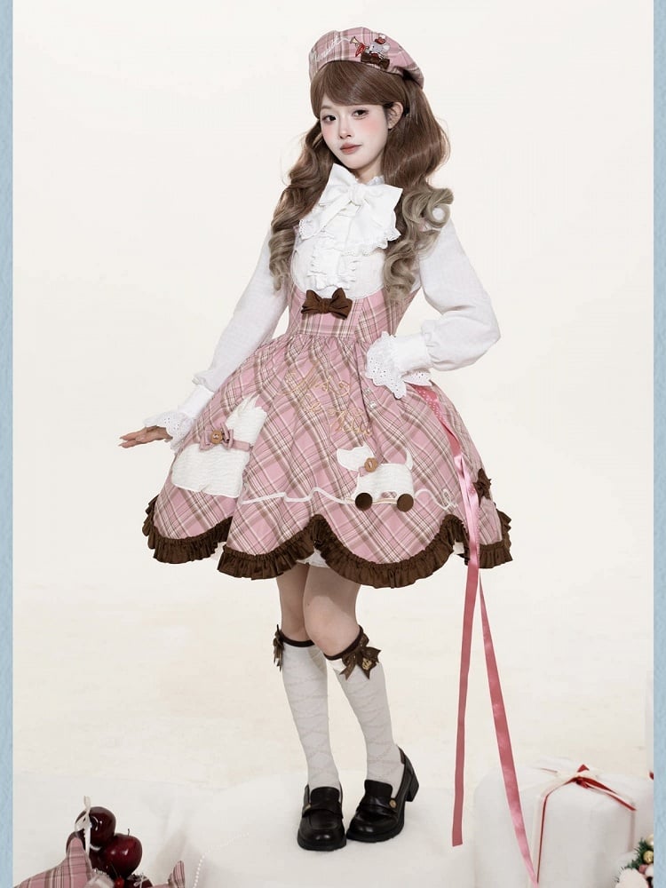 Winter Jumper Skirt in Pink Plaid with Cute Puppy Patchwork - iris de nuit