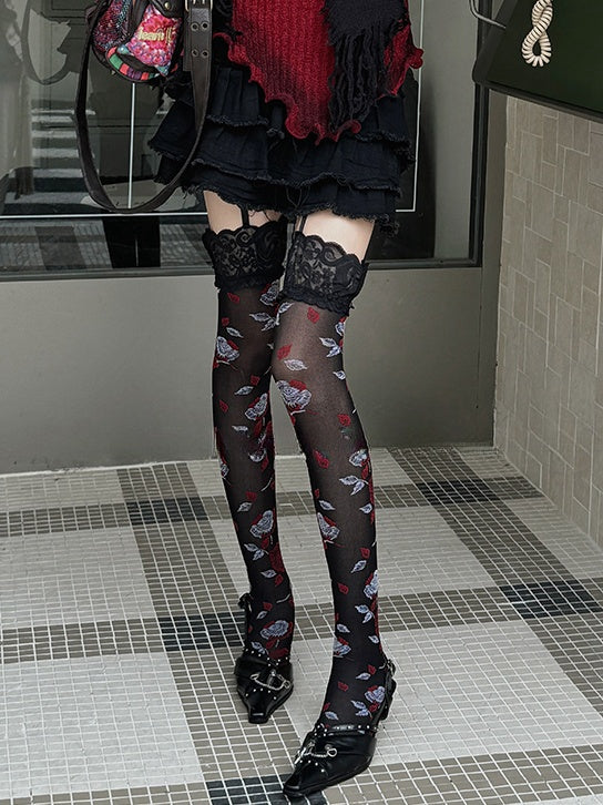 ブラックローズレーストリムサスペンダータイツ