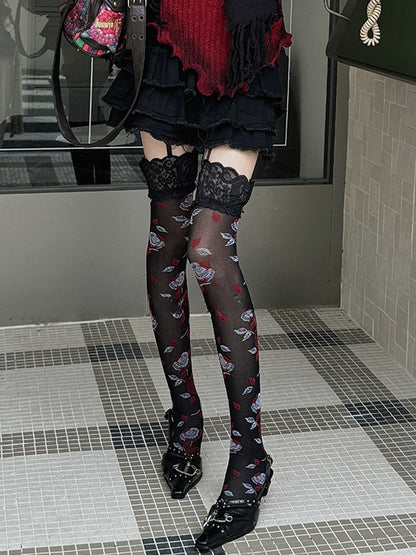 ブラックローズレーストリムサスペンダータイツ