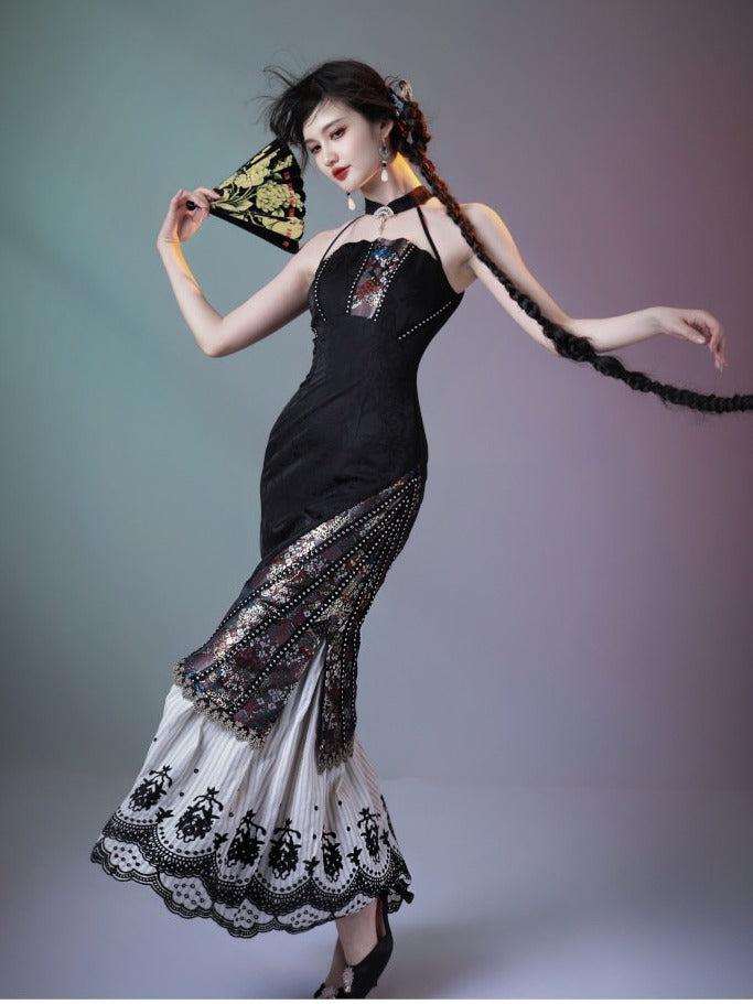 Vintage Halter Neck Lace Dress with Embroidery - sijinstudio