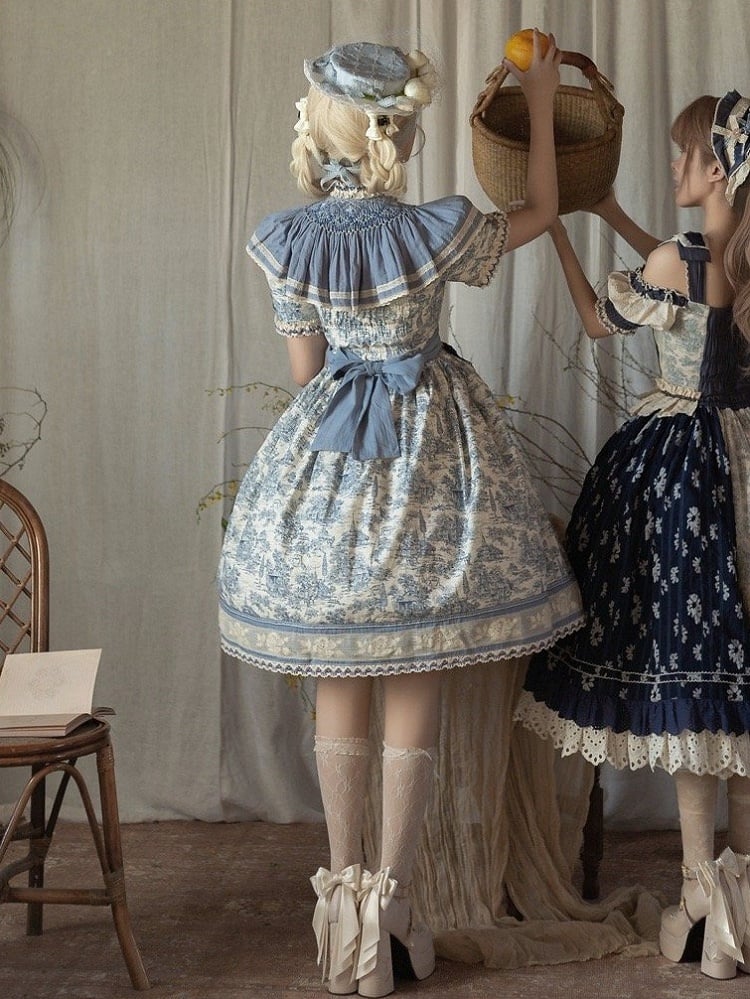 Blue Cabins in the Forest Front Button Placket Skirt Short Sleeves Lolita Dress