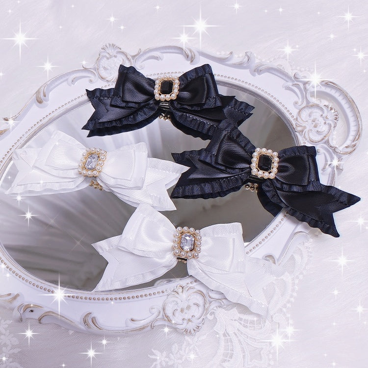 Pink and Dark Red and White and Black Jirai Kei Beads and Rhinestones with Bow Hairclips