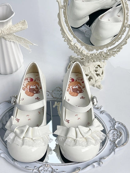 Sweet Janes Lace White PU Accents Lolita - with Bow Low-heel Round Trim Mary Toe