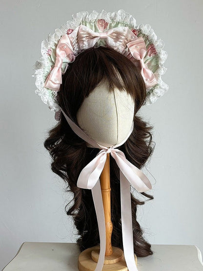Printed Sweet Lolita Bonnet with Bows and Lace Trim - Ball Lolita