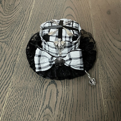 ミニチャーム スクープ柄 クラウン チェック柄 装飾 ブラックホワイト 帽子 蝶結び フォーク