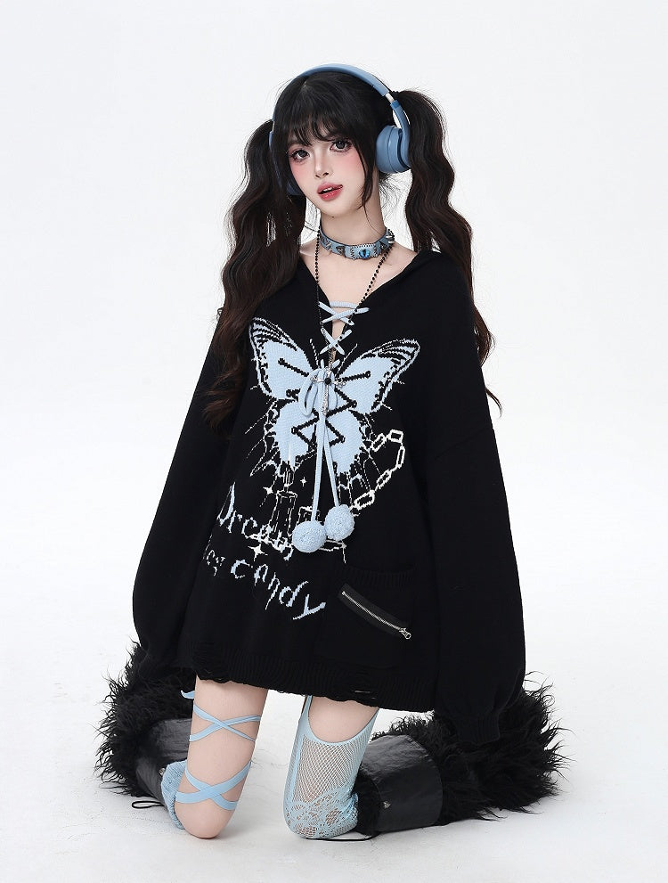 Pattern and Pom-Pom Details V-Neck Balloon Sleeve Knit Sweater with Butterfly Colors | 4