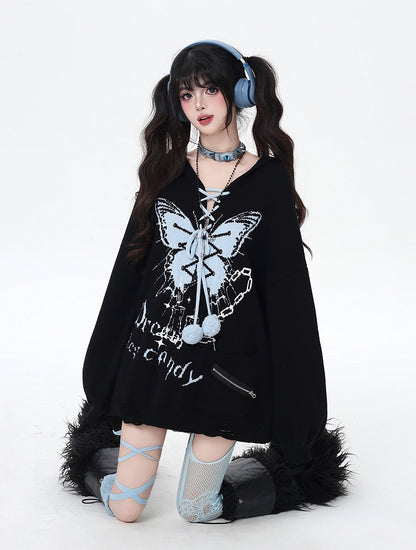 Pattern and Pom-Pom Details V-Neck Balloon Sleeve Knit Sweater with Butterfly Colors | 4