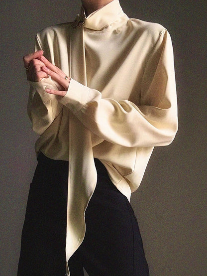 Yellow with Neck Prince Flowing Design Ouji Shirt Ribbon Mock - Accents