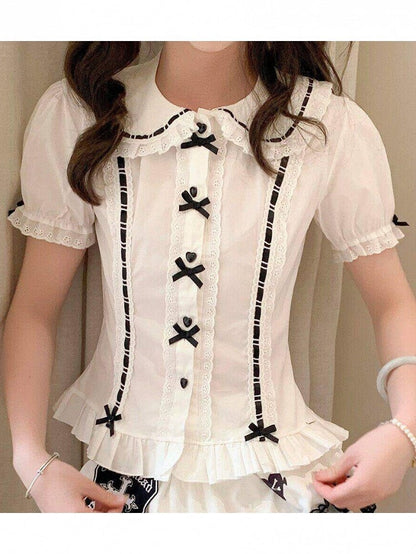 Black Heart Buttons Peter Pan Collar Blouse - Lan Jian Chuan