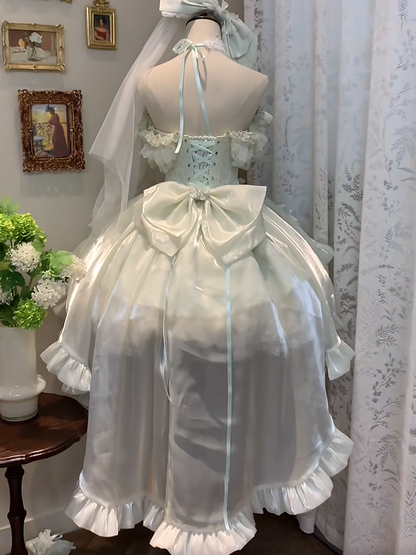 Flower with Lolita Jacquard Green Accents Layered Dress Lace Blooming Hime Mint Basque Waist Fluffy