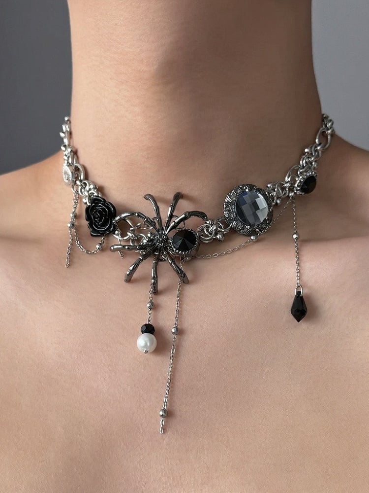 Gothic Silver Spider Choker with Floral Rhinestones - YSHXS