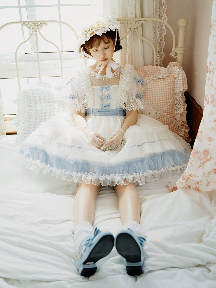 Lolita Bow Dress with Blue Accents and Classic Ruffle White
