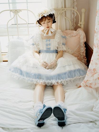 Lolita Bow Dress with Blue Accents and Classic Ruffle White