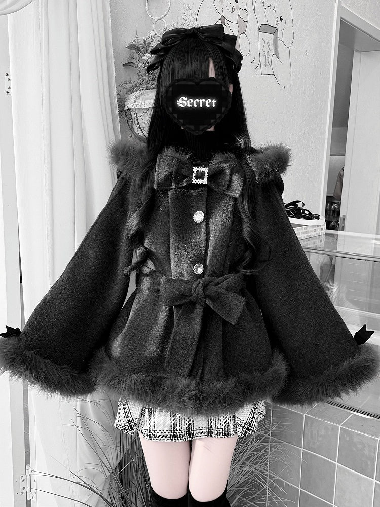 Clean & Innocent Black Jirai Kei Wool Cape Coat - Detachable Bunny Ears & Plush Edge Detailing