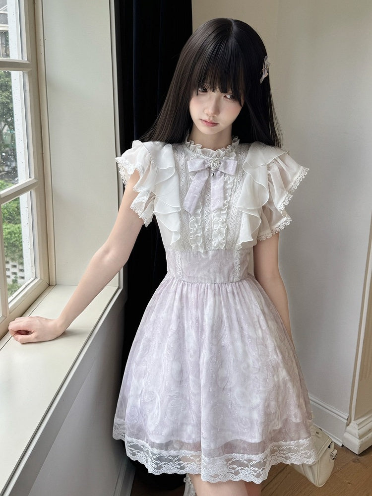 Purple-White Ruffled Flutter Sleeve Dress with Removable Rhinestone Bow - LA LA JK