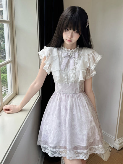 Purple-White Ruffled Flutter Sleeve Dress with Removable Rhinestone Bow - LA LA JK