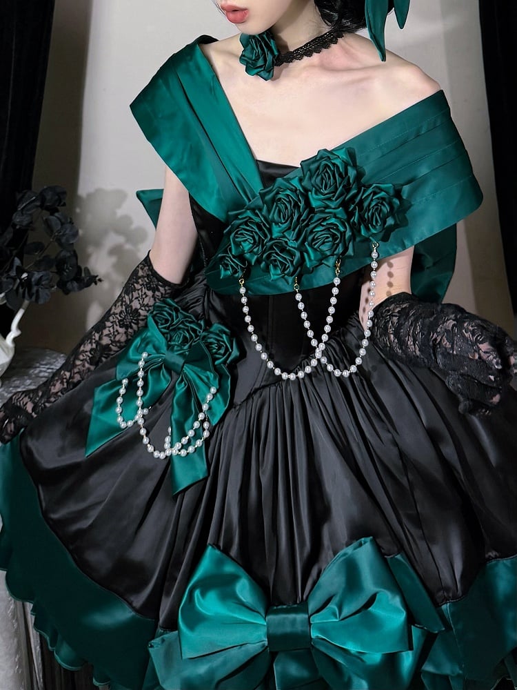 Green Black Roses Off-Shoulder Boned Lolita Set - Treasure Box Factory