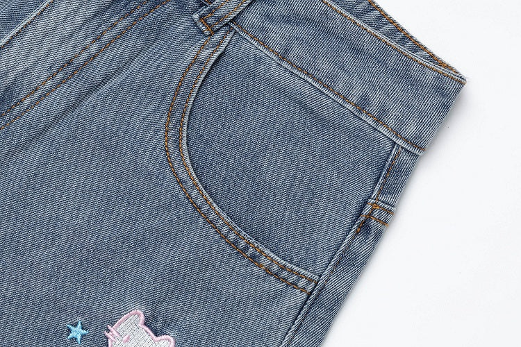 Daily Kawaii Light Blue Kitty & Star Embroidery Wide-Leg Cropped Jeans - Languid Park