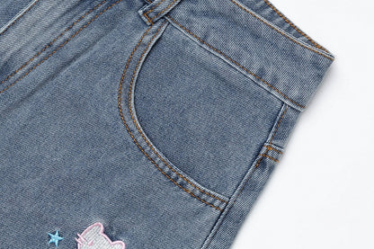 Daily Kawaii Light Blue Kitty & Star Embroidery Wide-Leg Cropped Jeans - Languid Park