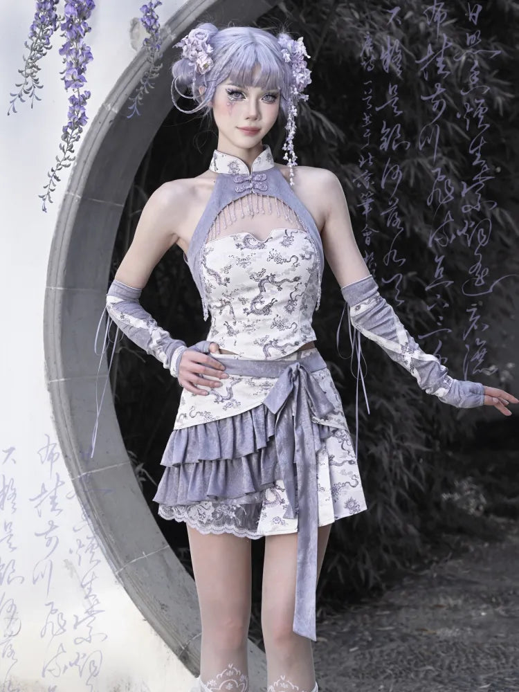 Lila Stoff Shorts Print Rock Futter S Chinoiserie Dragon Ausverkauf Größe 65–69 cm Taille für mit