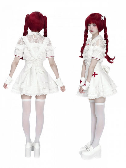 White Lace Blouse & Skirt Set with Straps & Bow - Shi Zhai Xin