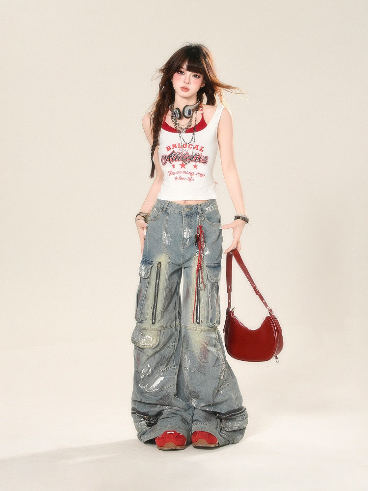 Drucken Glamouröse Rot und Weiß Neckholder Brief Zwei-stück Tank Top Faux