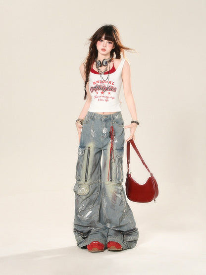 Drucken Glamouröse Rot und Weiß Neckholder Brief Zwei-stück Tank Top Faux