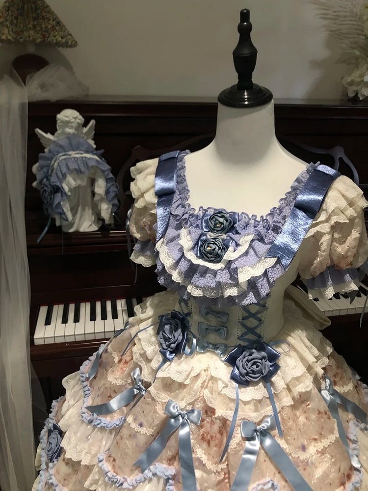 Puffy Rose Dress Hime with Lolita Accents Blue Multi-Layered Dark Ruffle