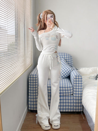 Weiß-blaue Schlaghose, normale/lange Version, gepunktete Spitzenschleife, bezaubernder Kätzchendruck