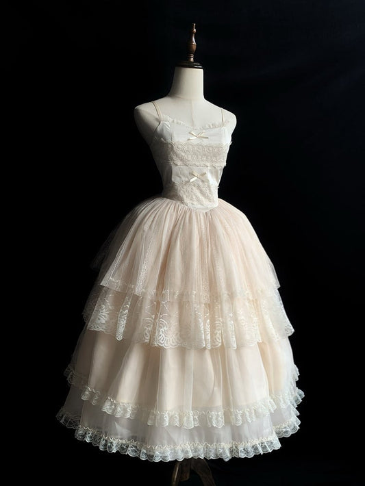 Skirt Tiered Princess Version Thin Lolita Shoulder JSK Long Dress Beige Straps