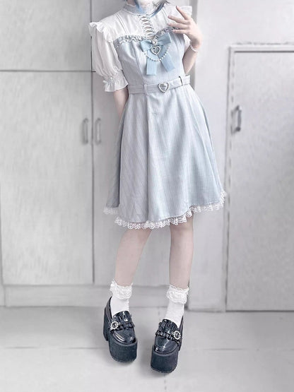 Kei Dress with Detachable Lace Trim Jirai Bow Kaiwai Neckline Design Tenshi Blue Striped Criss-cross