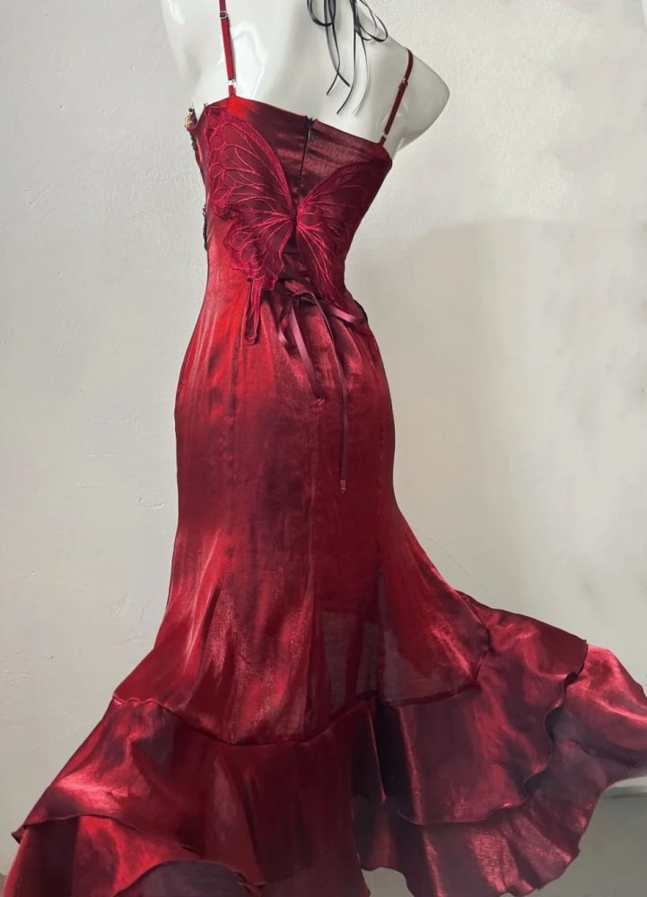 Burgunderrotes Abendkleid im Meerjungfrauenstil mit Rosette und abnehmbaren Volantärmeln
