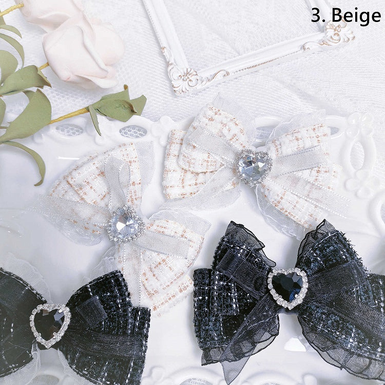 ジライケイ スイートハート ラインストーン ツイード 蝶結び ヘアクリップ