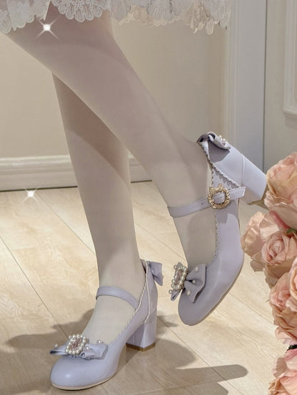 ジェーンズ ボウノット ロリータ ディテール ビーズ装飾 メアリー ラインストーン トゥ ラウンド シューズ パープル