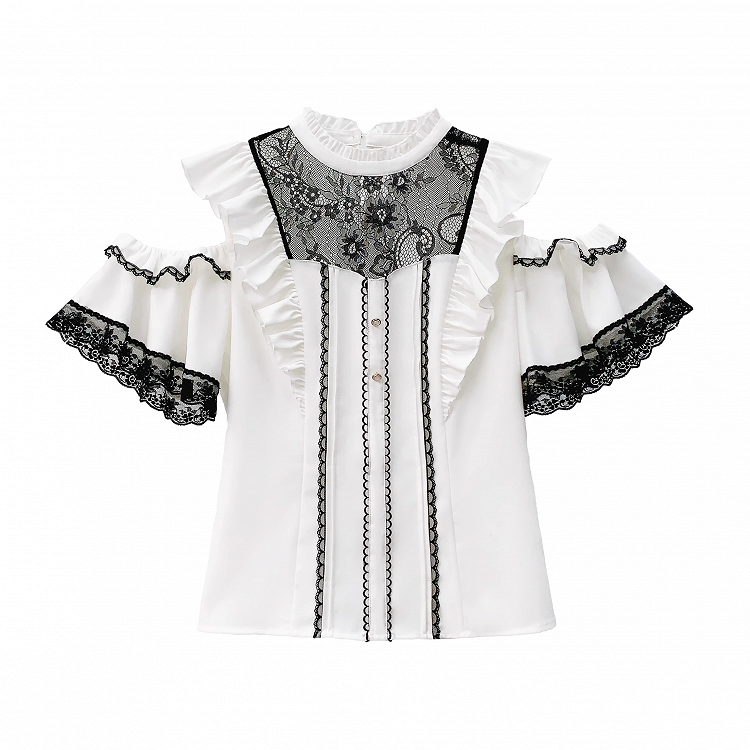 Schwarze Bluse mit ausgeschnittenen Schultern und Illusionsausschnittbesatz aus weißer Spitze von Jirai Kei